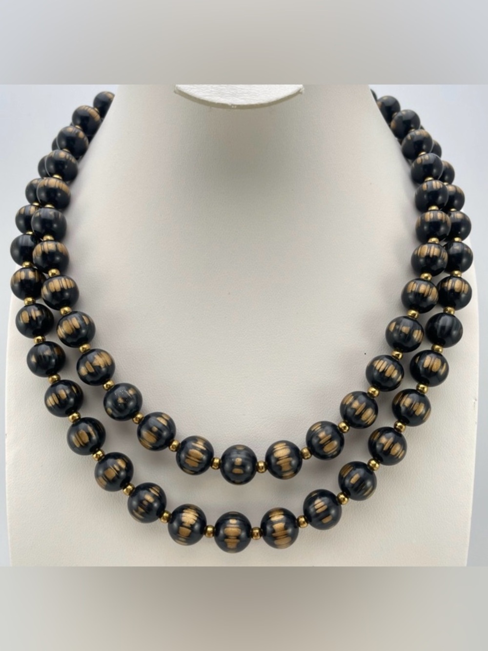Vintage 1980s Black Beaded Double Strand Necklace with Gold Tone Enamel Accents